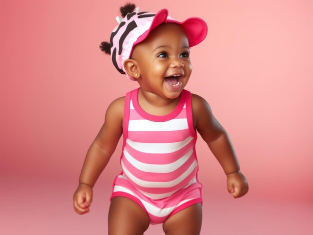 Adorable baby with vibrant clothing in a playful pose