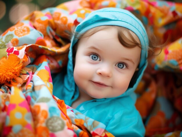 Adorable baby with vibrant clothing in a playful pose