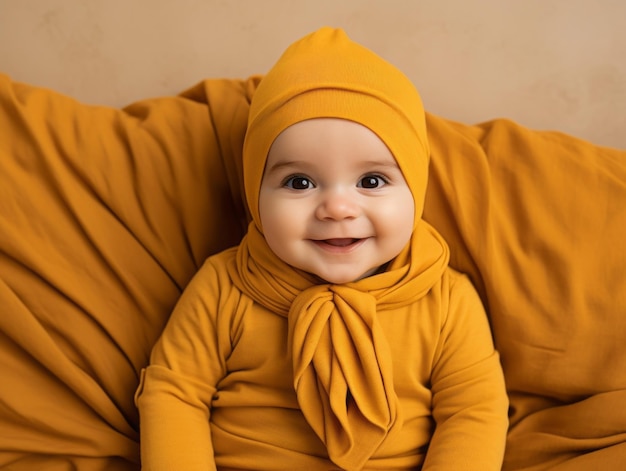 Adorable baby with vibrant clothing in a playful pose