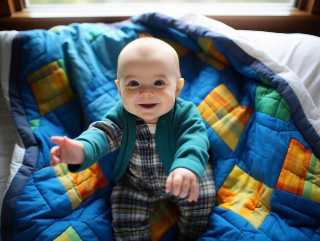 Adorable baby with vibrant clothing in a playful pose