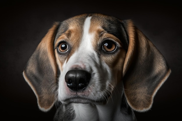 Adorable Beagle Puppy with a Tricolor Coat Sitting in a dark background