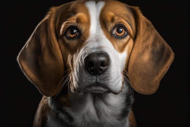 Adorable Beagle Puppy with a Tricolor Coat Sitting in a dark background