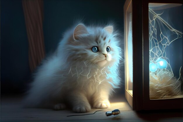 Adorable beautiful white kitty looking at light in the dark room dark background made with Generativ