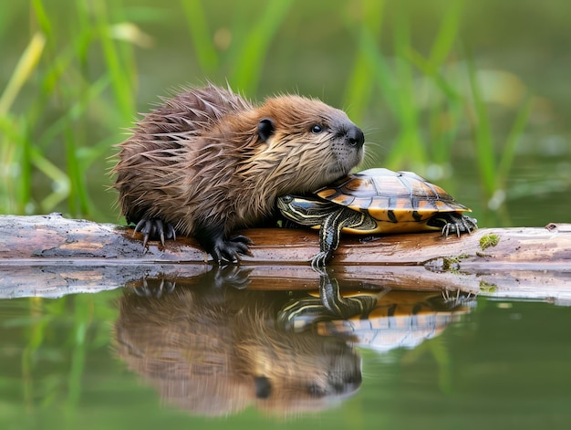 adorable beaver sitting on a log in the water next to a turtle in their natural habitat