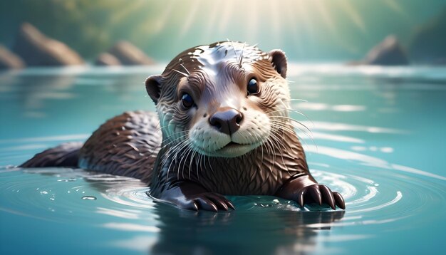 Photo a adorable beaver swimming in a body of water with the sun shining in the back