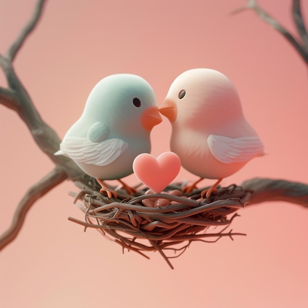 사진 adorable birds in love icon clay render blender 3d pastel background