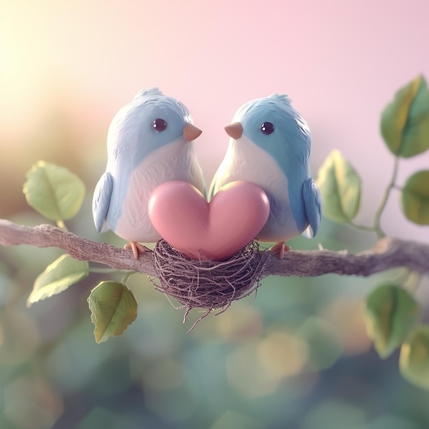 사진 adorable birds in love icon clay render blender 3d pastel background