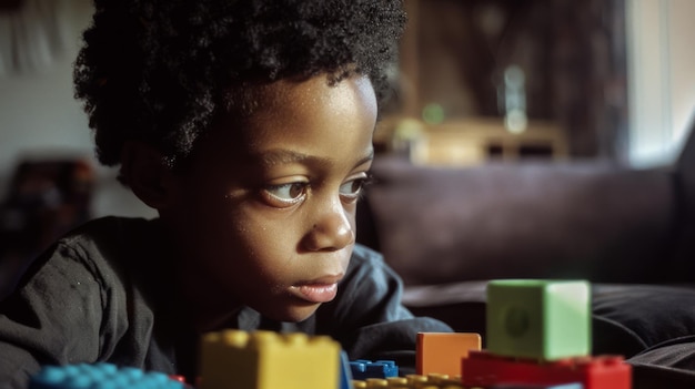 Прекрасный чернокожий ребенок играет с сложенными строительными блоками дома, сидя на ковре в комнате
