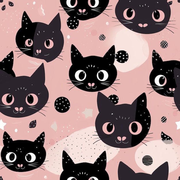 Adorable black kittens with big eyes on a pink background as a seamless cat pattern AI generation