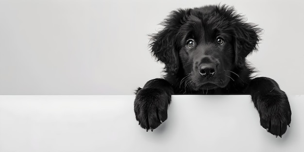 Adorable black puppy peeking over edge cute canine expression monochrome pet portrait perfect for greetings or advertising high contrast simple background AI