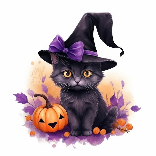 Adorable black watercolor cat with violet hat and autumnal accents Halloween concept