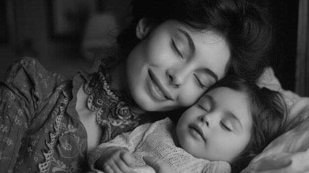 Adorable black and white photo sweet baby peacefully sleeping beside her mother capturing tender moments of maternal love and bonding in a timeless monochrome portrait