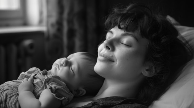 Adorable black and white photo sweet baby peacefully sleeping beside her mother capturing tender moments of maternal love and bonding in a timeless monochrome portrait