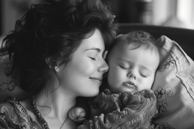 Adorable black and white photo sweet baby peacefully sleeping beside her mother capturing tender moments of maternal love and bonding in a timeless monochrome portrait