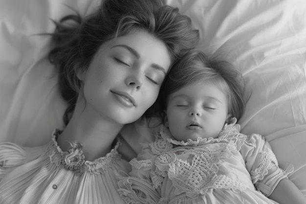Adorable black and white photo sweet baby peacefully sleeping beside her mother capturing tender moments of maternal love and bonding in a timeless monochrome portrait