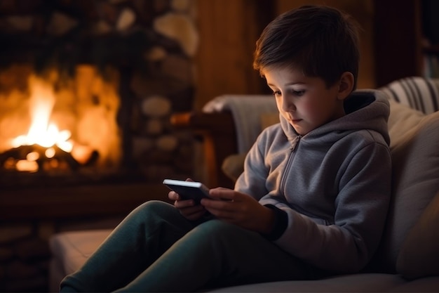 愛らしい金髪の幼児がベッドの上で、屋内で自宅でタブレットで遊んでいます。タブレット コンピューターを持つ子供ジェネレーティブ ai