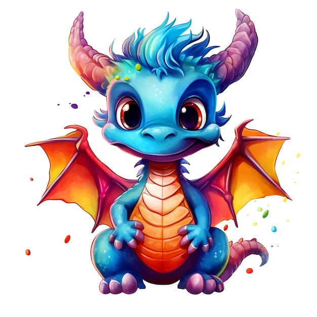 Adorable blue baby Dragon with paint drops on a white background Symbol of 2024 year AI generative