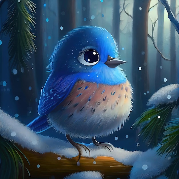 Adorable blue bird in winter forest