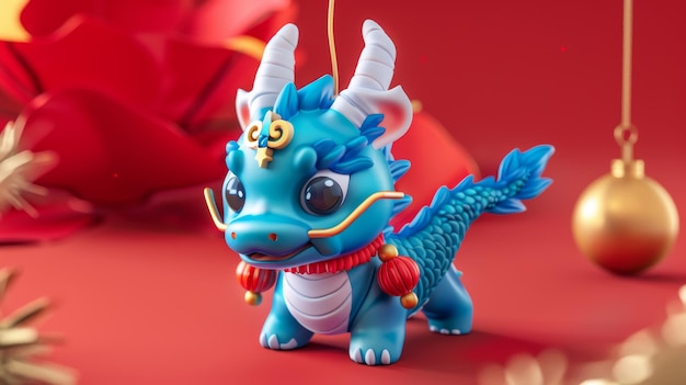 Photo an adorable blue dragon charm decoration on a gradient red background for the lunar new year
