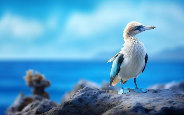 Adorable Blue Footed Booby on Rock Against Blurred Blue Generative AI