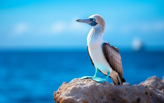 Adorable Blue Footed Booby on Rock Against Blurred Blue Generative AI