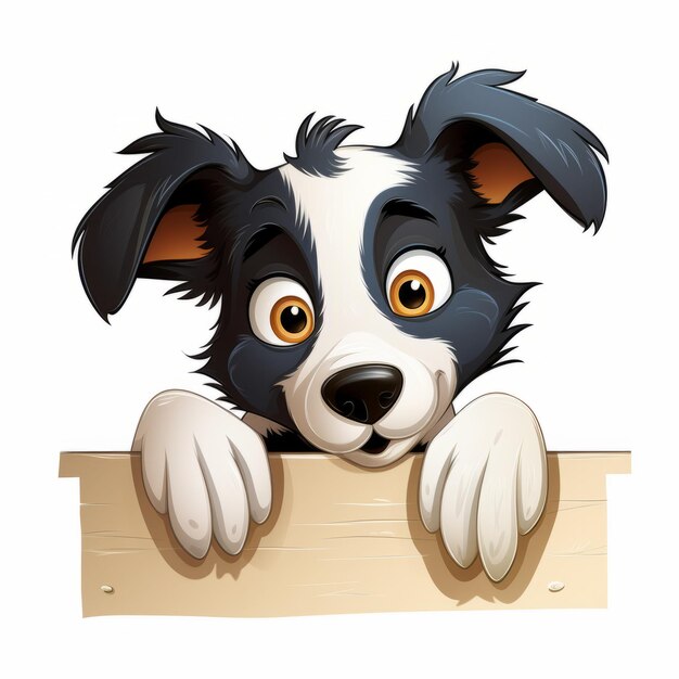 Foto adorabile cane border collie che sbircia da sotto il pannello di legno