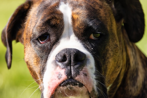 Adorable Boxer Dog relaxing on grass outside