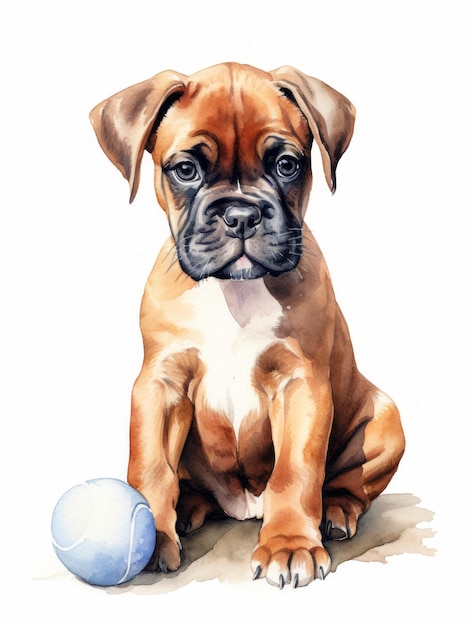 Foto adorabile cucciolo di boxer giocattolo da masticare in illustrazione ad acquerello ai generato