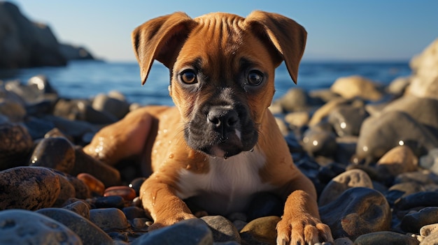 _adorable_boxer_puppy_laying_on_the_beach_ HD 8K wallpaper Stock Photographic Image