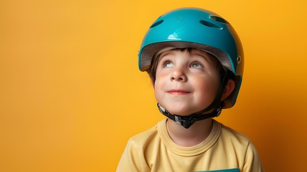 Photo adorable boy with a helmet in the head a over solid background