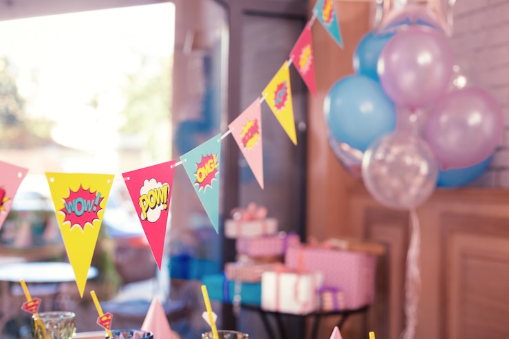 Photo adorable bright party flags with funny signs