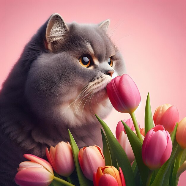 Photo adorable british cat with tulip_pink background