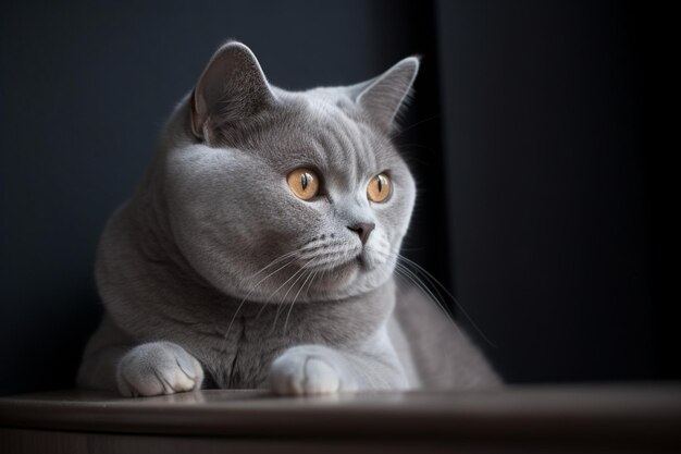 Adorable british shorthair kitty with monochrome wall behind her