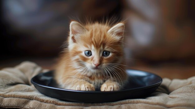 사랑스러운 갈색 새끼 고양이가 검은 접시 위에 우아하게 누워있다