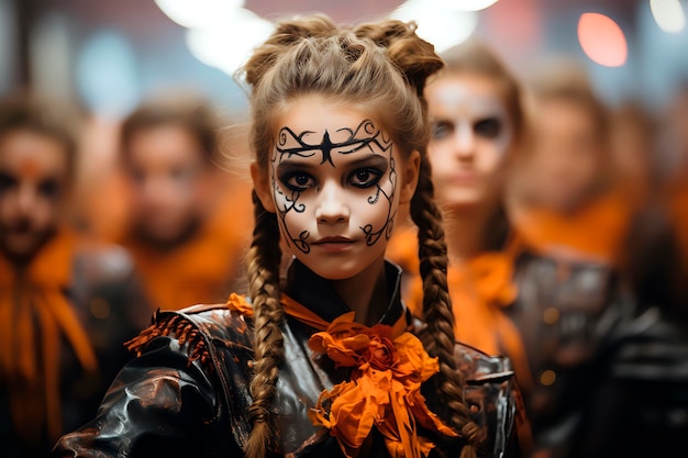 Adorable bruja en Halloween con amigos en una fiesta magica Disfraces y sonrisas