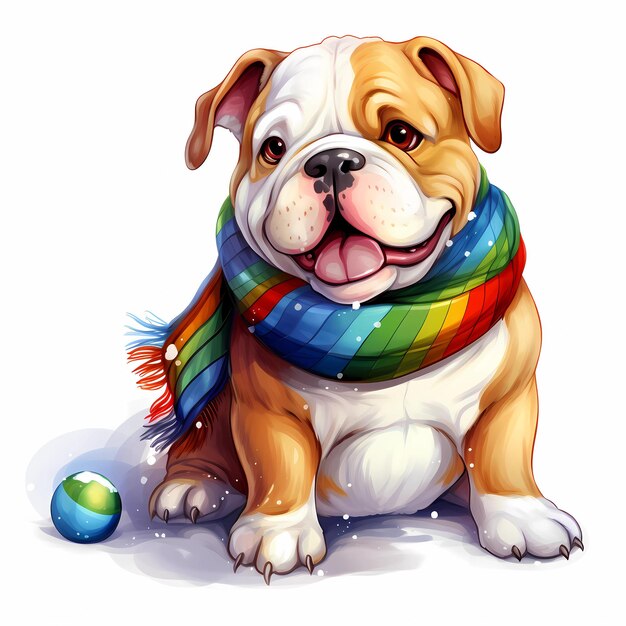 A adorable bulldog playing with a snowball and wearing a colorful scarf