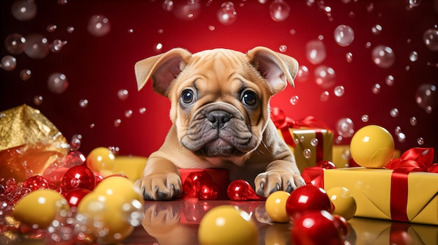 Adorable Bulldog puppy surrounded by Christmas or birthday decorations and gifts Red background Generative ai