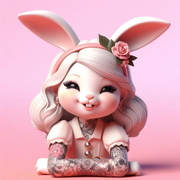 Adorable Bunny Charm 3D Tattoo Stijl Pasen Meisje in Roze