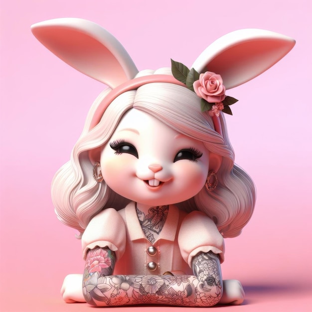 Photo adorable bunny charm 3d tattoo style easter girl in pink