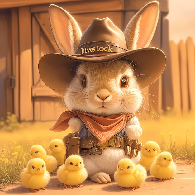 Adorable Bunny Cowboy with Chicks Fun and Playful Stock Image