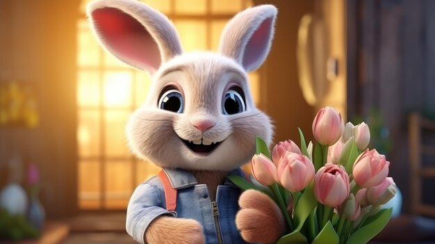 An adorable bunny holding a blooming tulip