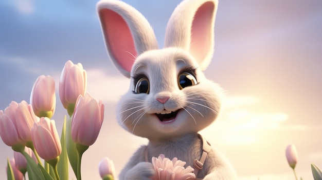 An adorable bunny holding a blooming tulip