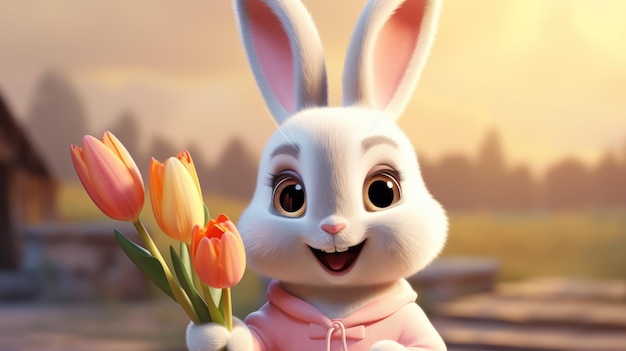 An adorable bunny holding a blooming tulip