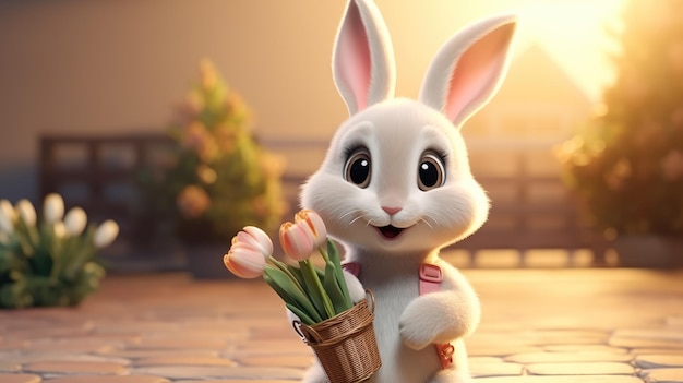 An adorable bunny holding a blooming tulip