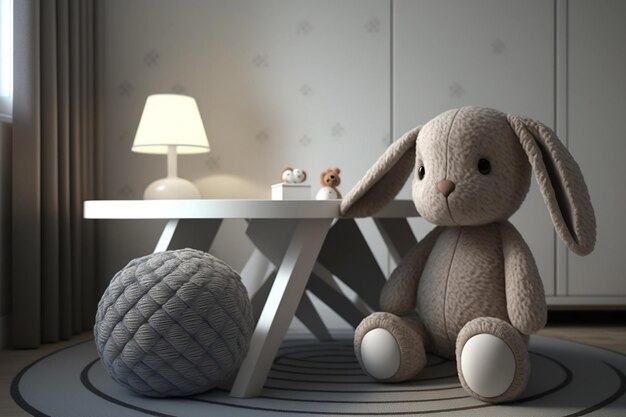 Adorable Bunny Plush Toy on Baby Room Perspective Table Generative AI