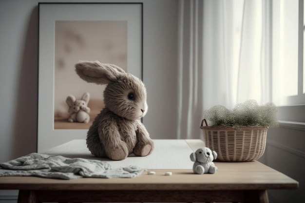 Очаровательная плюшевая игрушка-кролик на столе в детской комнате Генеративный AI