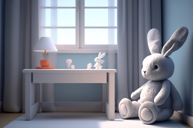 Очаровательная плюшевая игрушка-кролик на столе в детской комнате Генеративный AI