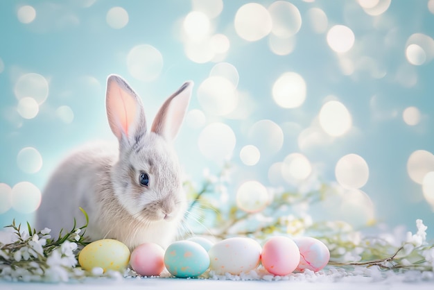 Un coniglietto adorabile posa accanto alle uova di pasqua su uno sfondo blu morbido sullo sfondo di pasqua