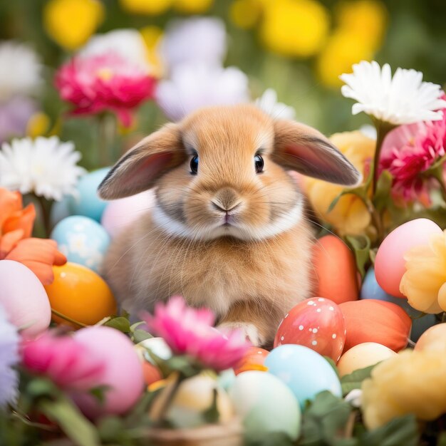 An adorable bunny rabbit sitting in a bed of flowers surrounded by Easter eggs