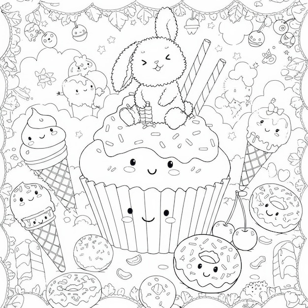 甘いカップケーキの可愛いウサギ カワイイのお子を描いた素敵なカラフルページ